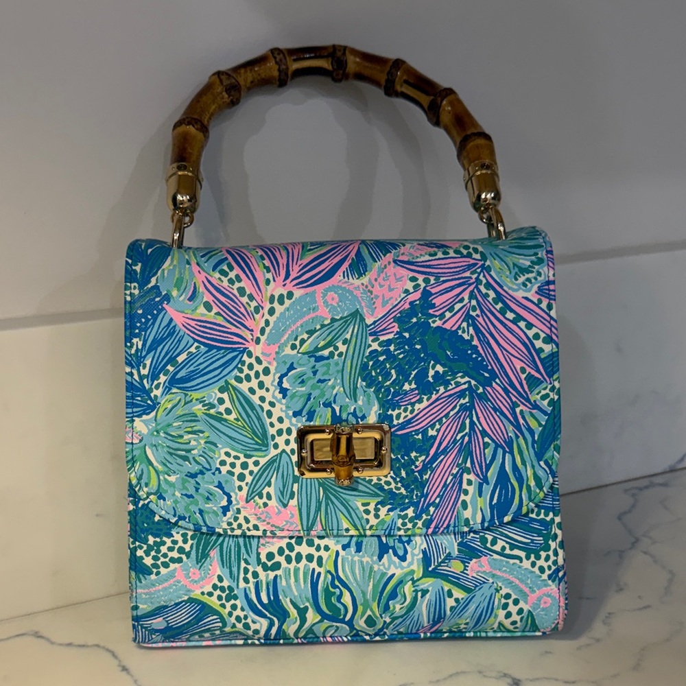 Lilly Pulitzer Blue and Pink Mini Bag with Bamboo Handle